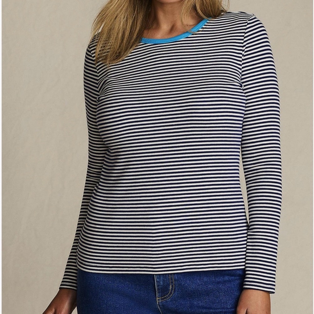LANDS’ END Deep Sea Tiny Stripe Cotton Rib Tee - Picture 1 of 11